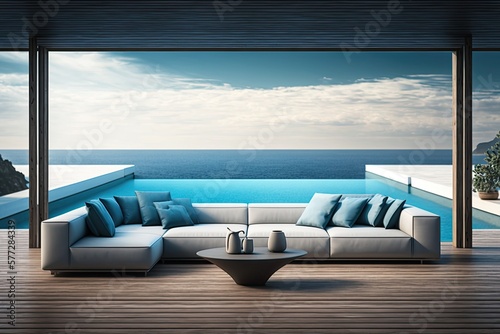 Interior of modern living room sofa or couch with beautiful sea view. Generative AI © AI Farm