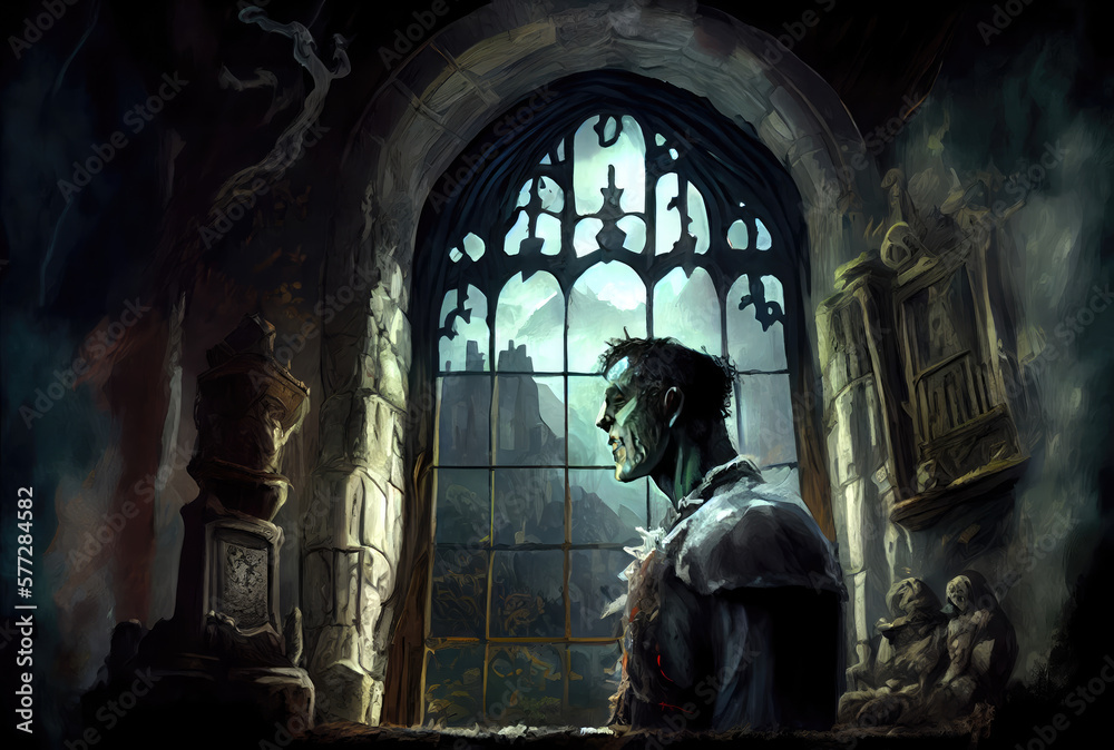 Frankenstein in an old abandoned castle. Halloween day and spooky horror concept. Generative AI Frankenstein in an old abandoned castle. Halloween day and spooky horror concept. Generative AI