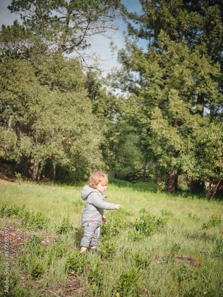 A toddler in a grey snow suit plays in a field after a rainstorm A toddler in a grey snow suit plays in a field after a rainstorm