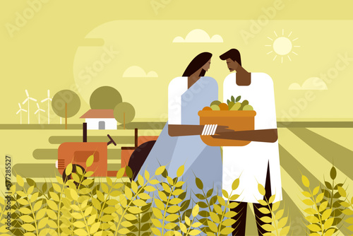 Illustration of an Indian farmer couple holding a basket of farm produce in their hand