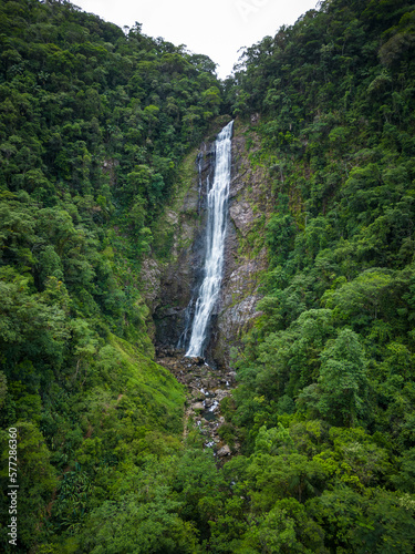 Beautiful aerial view to green atlantic rainforest waterfall