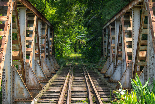 Beautiful view to old historic iron railroad tracks and bridge