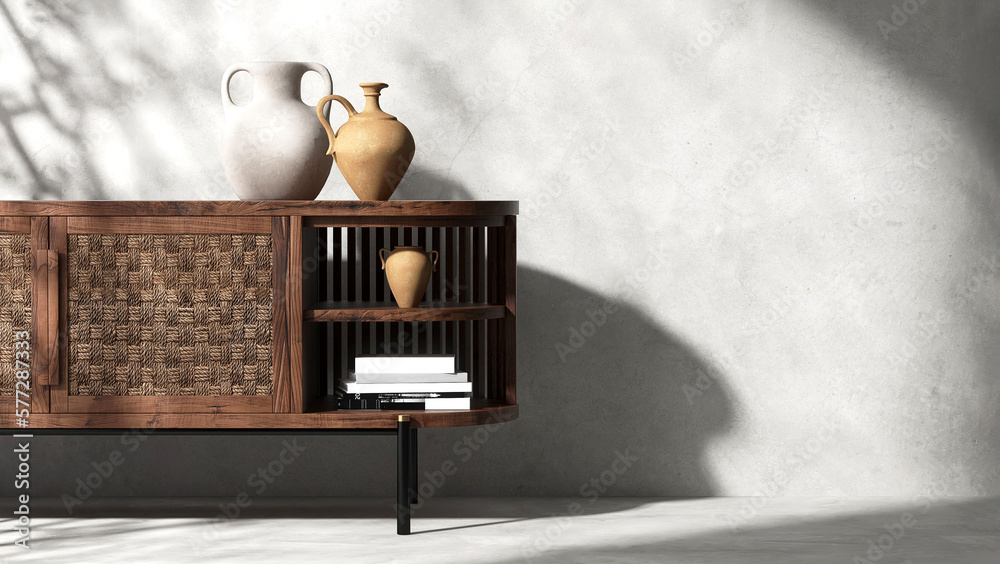 Obraz premium Antique wooden cabinet, with rattan door and clay vase in sunlight, shadow on clean, blank polished cement wall, floor for interior design decoration, furniture product background 3D