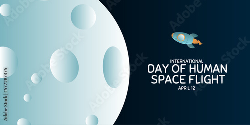 International day human space flight. 12 April Cosmonautics Day banner with rocket. Horizontal web banner.
