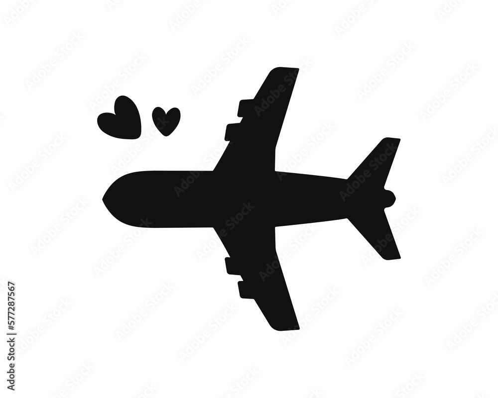 Obraz premium Plane icon with hearts, black and white flat design