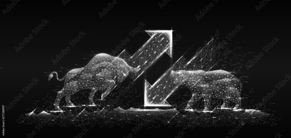 Fototapeta premium Bull and bear in digital future style. Concepts of financial markets and investments. Economic trends through the stock index market. Background graphics for banners.