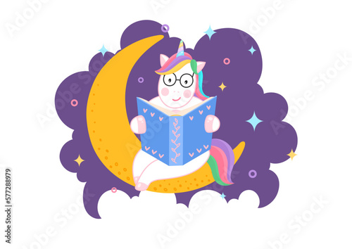 Bedtime story. Cute unicorn reading book on the moon at night. Sweet dreams. Children's illustration.