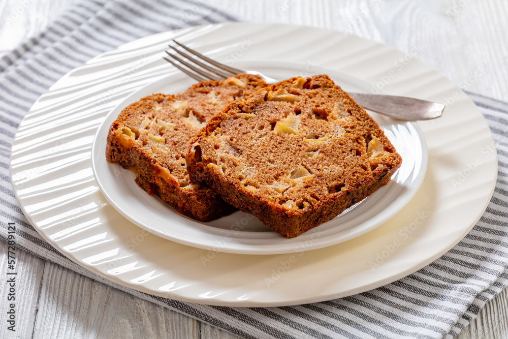 apple cinnamon bread on white plate, top view apple cinnamon bread on white plate, top view