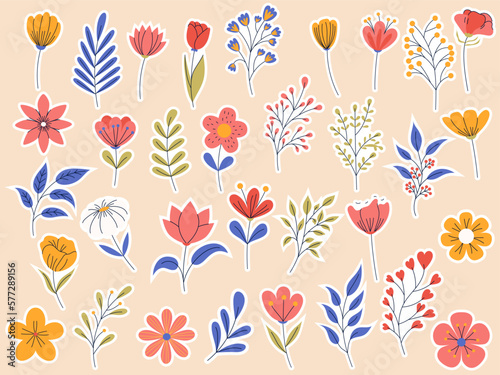 Sticker pack of floral elements. Romantic flower collection with flowers, and leaves. Good for greeting cards or invitation design, floral poster.