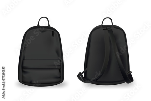 Black backpack design front and back view set. College or school rucksack mockup vector illustration. Realistic youth pack of fabric for study or sport with shadows isolated on white background