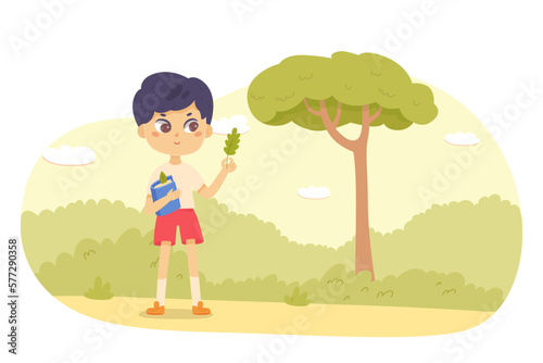 Boy school student holding book and green leaf of tree in hand to study nature vector illustration. Cartoon isolated cute smart kid learning botany and biology, scientist character observing planet