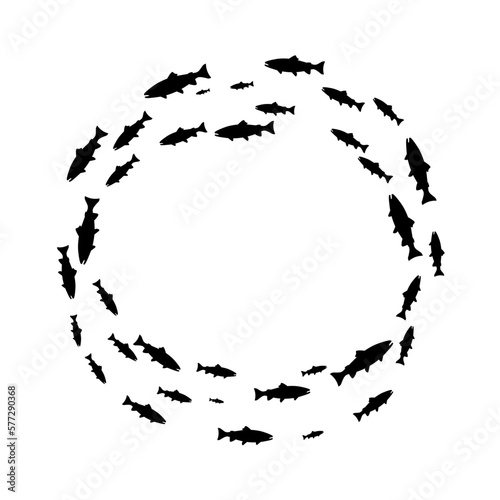 Small fish flock of round shape, top view, abstract silhouette of school of fish in water