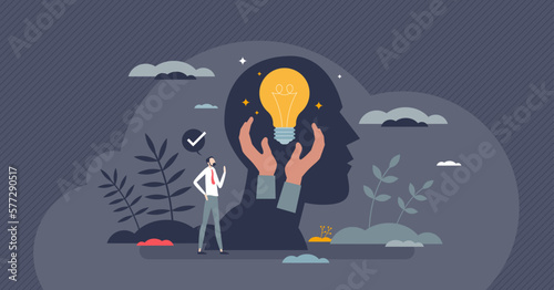 Psychological safety feeling for creative idea generation tiny person concept. Faith and belief in professional work without risk in case of failure vector illustration. Effective mental protection.
