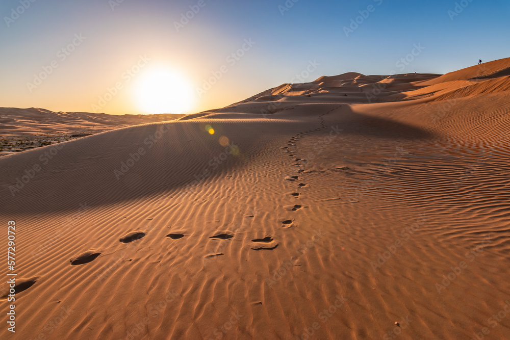 Footprints in sand dunes of Abu Dhabi desert at sunset. - obrazy, fototapety, plakaty 