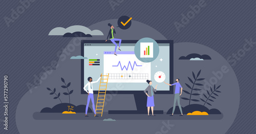 Core web vitals and website performance evaluation tiny person concept. Check business page speed, input delay, responsiveness, SEO or user traffic for complex satisfaction report vector illustration photo