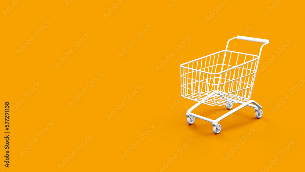 White shopping cart on color background, e-commerce business concept, 3D rendering