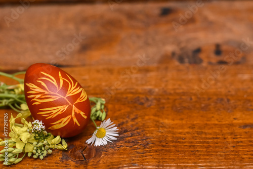 Traditional painted Easter eggs on wooden background. Colorful background of Easter eggs collection, Easter celebration