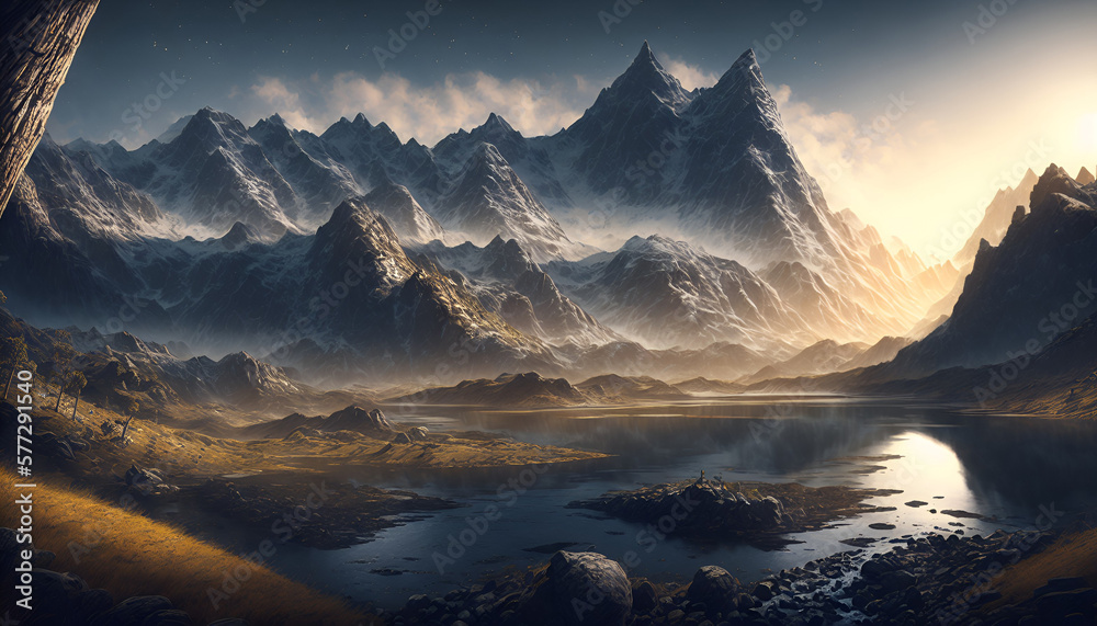 A snowy mountain landscape with a blue sky and clouds create with generative ai technology