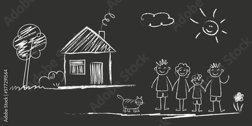 Family - girl and boy holding hands with mother and father, cat, car, bird, House, sun, clouds, flowers, summer day. doodles are drawn by a child's hand with chalk on asphalt or on a school board.