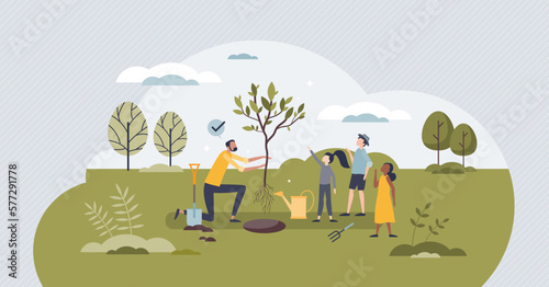 Volunteers teaching green and environmental practices tiny person concept. Learning sustainable and nature friendly lifestyle from teacher that is planting trees vector illustration. Kids activity.