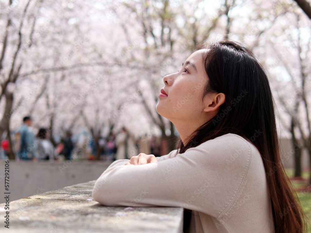 Outdoor portrait of beautiful young Chinese girl posing with blossom ...