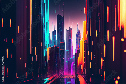 abstract neon background of glowing ultraviolet cyber city. AI