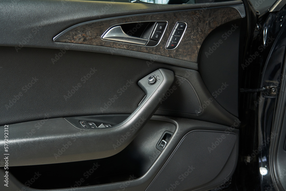 premium car door trim with built-in speakers door lock and unlock buttons, handles, mirror adjustments, seat position memory buttons