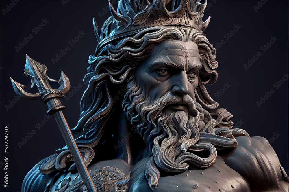illustration of Neptune Poseidon from legend of the lost city of Atlantis . AI - obrazy, fototapety, plakaty 