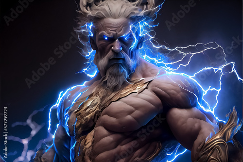 illustration of mighty god Zeus with thunder in hand . ai photo