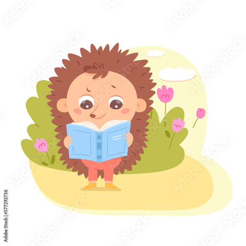 Cute hedgehog reading open book outdoor vector illustration. Cartoon happy baby animal character holding school textbook or fairy tales literature to read and study, funny wild adorable student