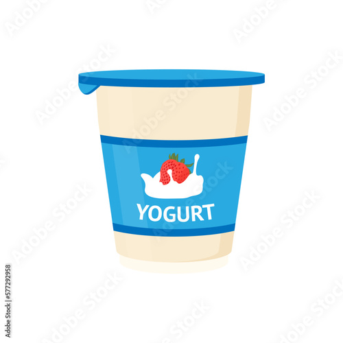 Strawberry yogurt package vector illustration. Cartoon isolated plastic yoghurt pack with milk product splash and berry on blue label, container with sweet creamy fresh dessert and healthy yogurt
