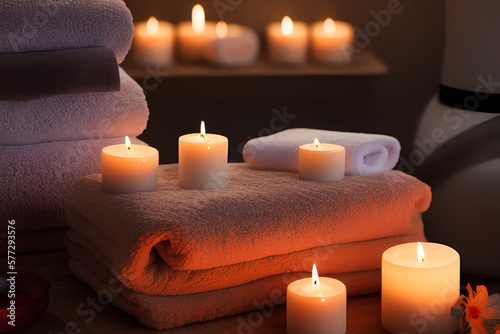 Beautiful spa setting with candles and hot stones on wooden background. Beauty wellness center treatment and relax concept. Generative Artificial Intelligence.