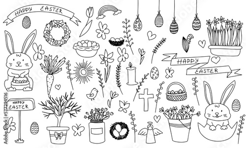 Big set of Easter symbols in doodle style. Vector illustration.