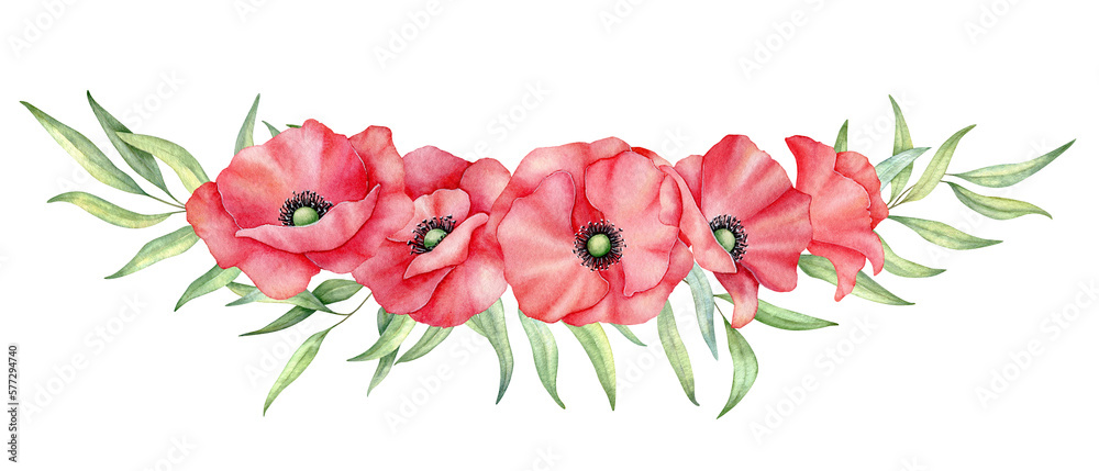Watercolor red poppies bouquet, hand drawn floral illustration, red wildflowers isolated on a white background.