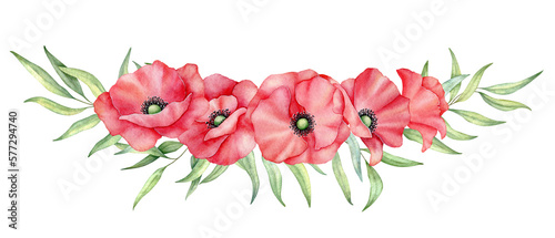 Watercolor red poppies bouquet, hand drawn floral illustration, red wildflowers isolated on a white background.