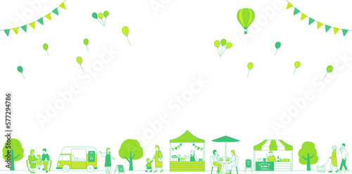 緑の木々とマルシェで賑わう人々の背景素材