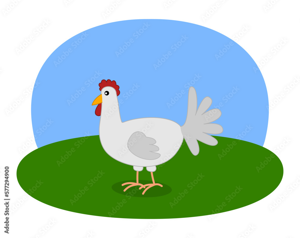 Obraz premium Illustration of a white hen with green meadow and blue sky