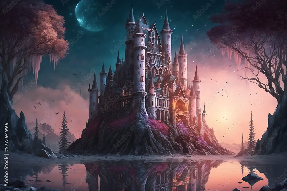 a castle sitting on top of a hill next to a body of water, fantasy ...