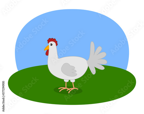 Illustration of a white hen with green meadow and blue sky
