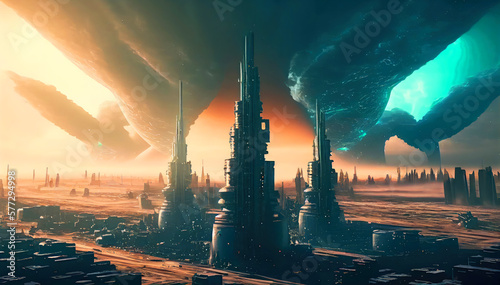 Futuristic city buildings landscape view. Future Megapolis. Generative ai. 