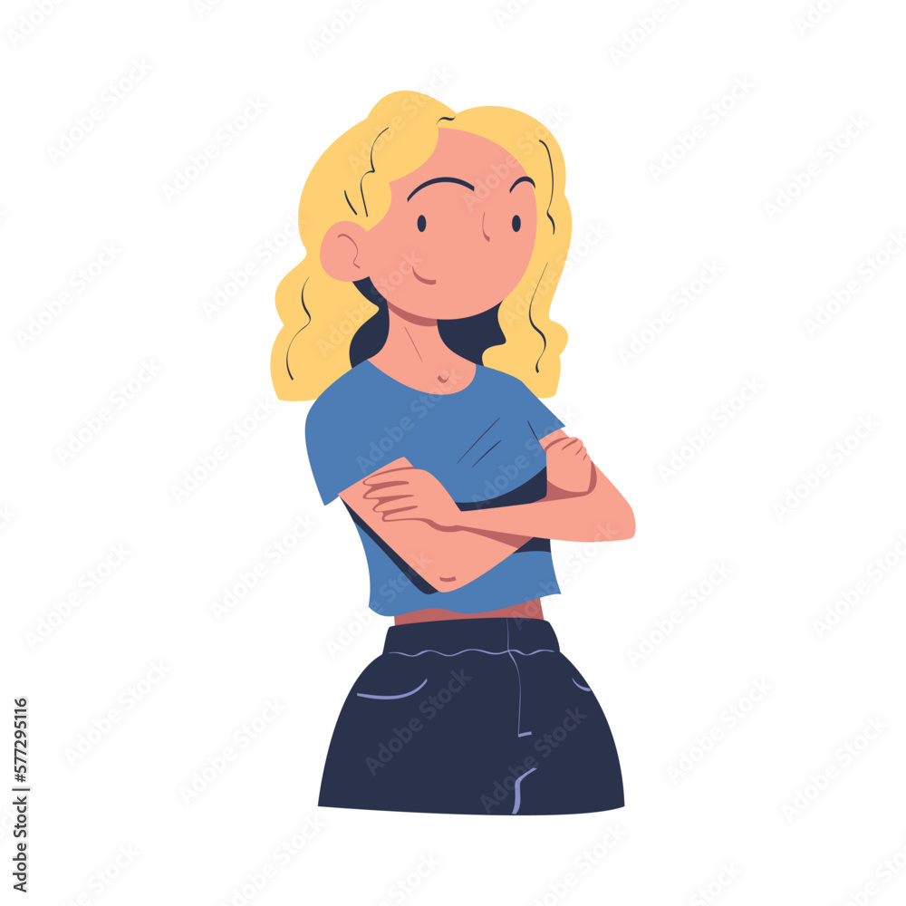 Confident Woman Character with Satisfied Face and Folded Arms Expressing Self Pride Vector Illustration Confident Woman Character with Satisfied Face and Folded Arms Expressing Self Pride Vector Illustration