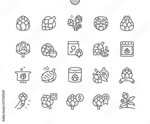 Artichoke. Nature vegetable organic food nutrition. Grilled artichoke. Cooking, recipes and price. Menu for cafe. Pixel Perfect Vector Thin Line Icons. Simple Minimal Pictogram