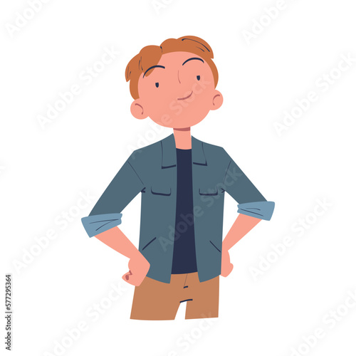 Confident Man Character with Satisfied Face and Hands on Hips Expressing Self Pride Vector Illustration