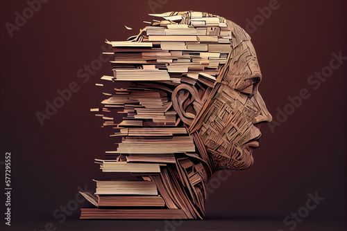 illustration of face made from many books abstract book day. AI photo