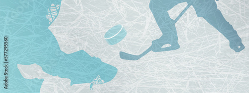 Silhouette of an attacker and a hockey goalie catching the puck on a white background. Sports dynamic illustration.