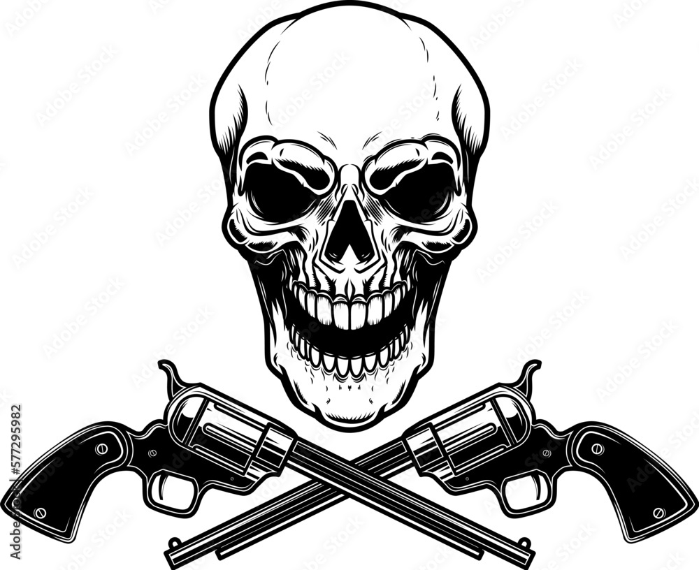 Illustration of the cowboy skull with crossed revolvers. Design element for logo, label, sign, emblem. Vector illustration - obrazy, fototapety, plakaty 