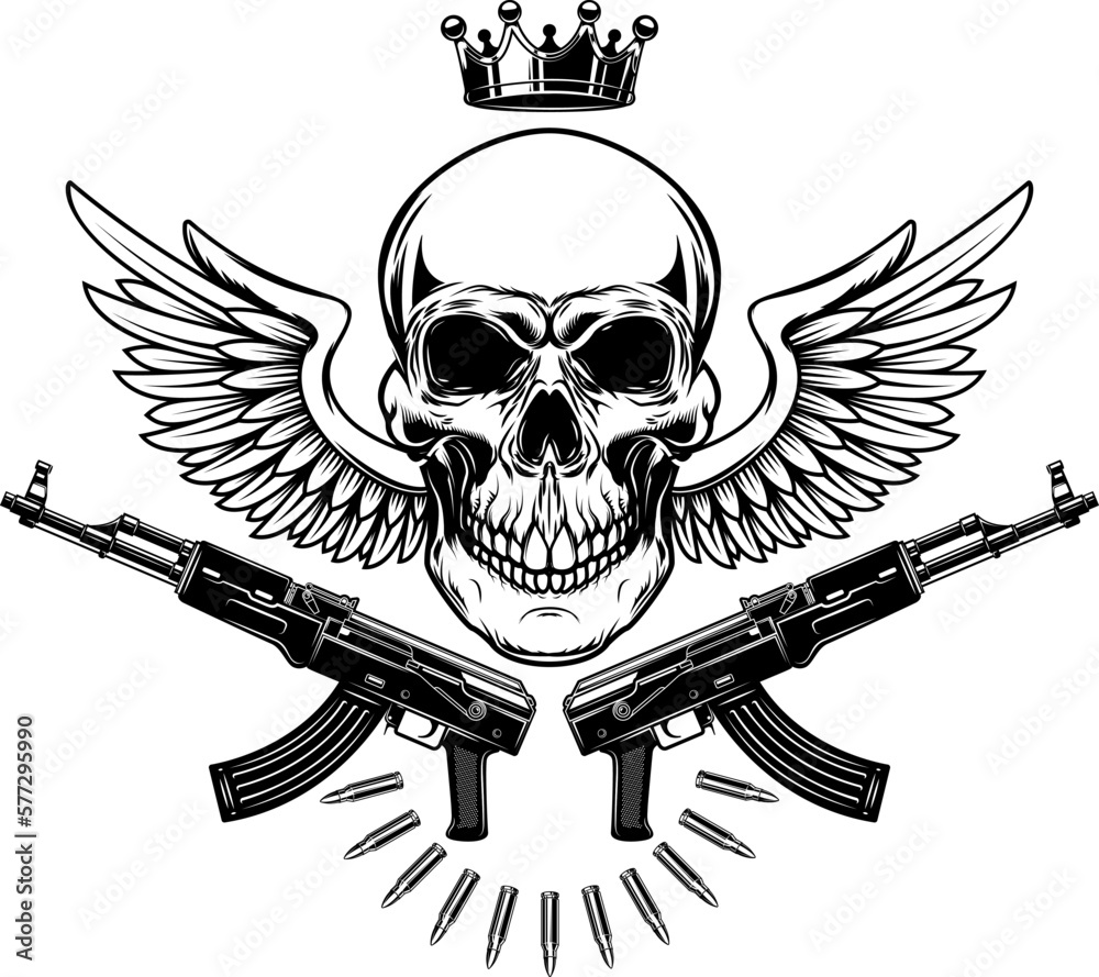 Fototapeta premium Illustration of the skull with crossed assault rifles. Design element for logo, label, sign, emblem. Vector illustration