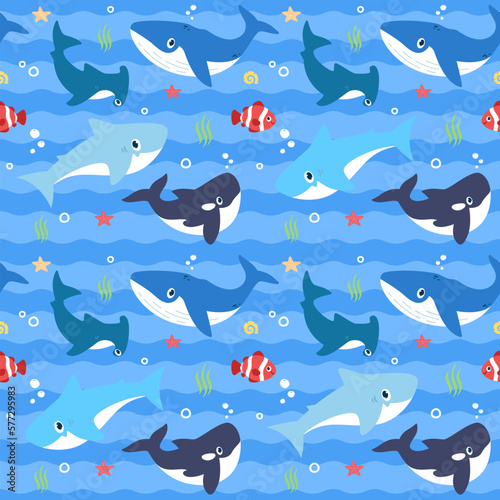 Playful Whale Shark and Ocean Fish Flat Designs Seamless Pattern Wallpaper