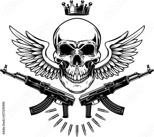 Illustration of the skull with crossed assault rifles. Design element for logo, label, sign, emblem. Vector illustration