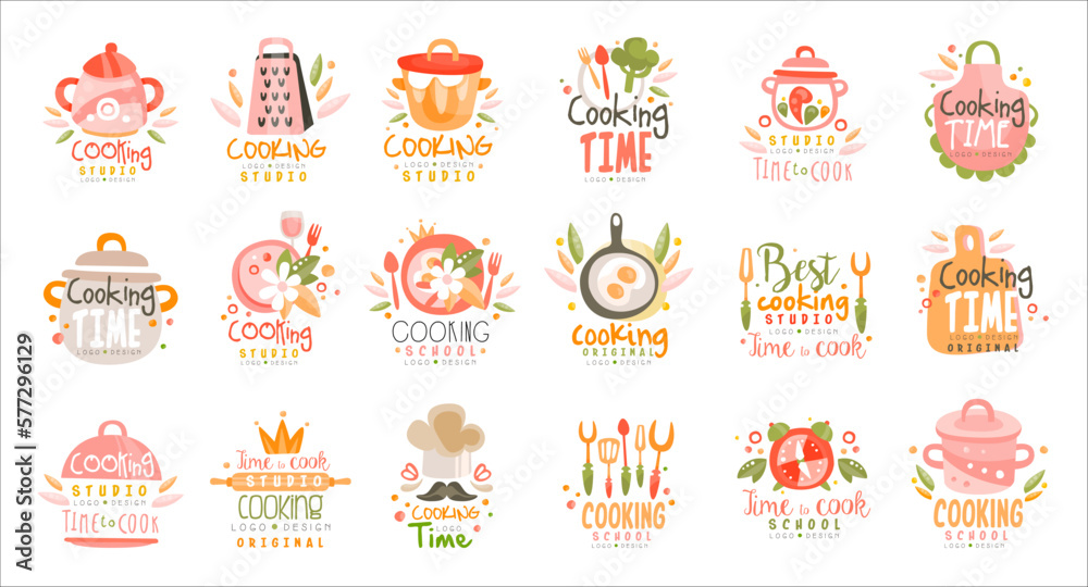 Cooking time logo dresign set. Cooking studio, farmers market, kitchen class, street festival badges, labels hand drawn vector illustration